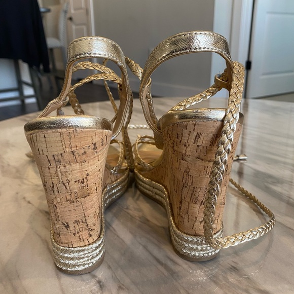 Women’s Metallic Woven Tie Cork Wedge Heel Sandals Gold Natural - Picture 4 of 6